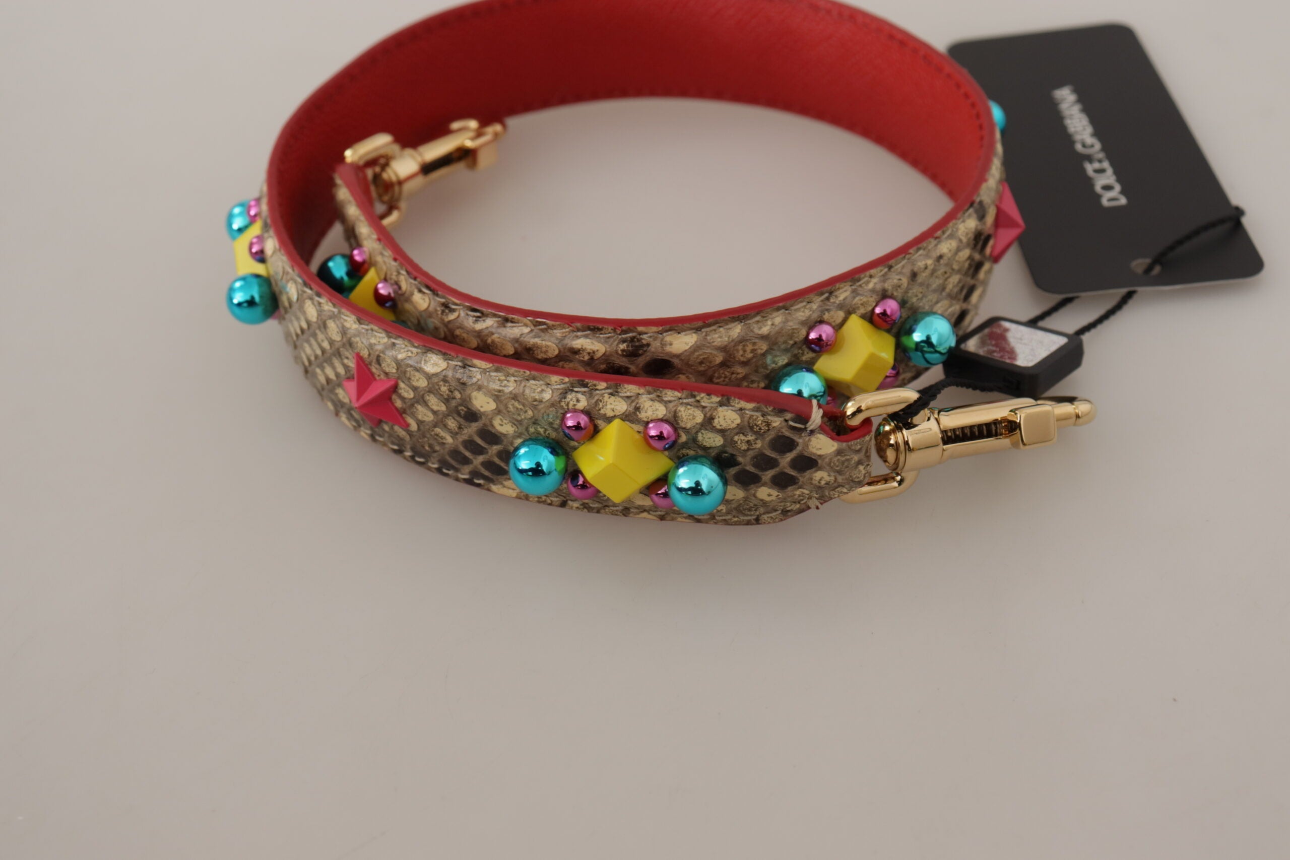 Beige Pythonleder mit Kristallen Schulterriemen