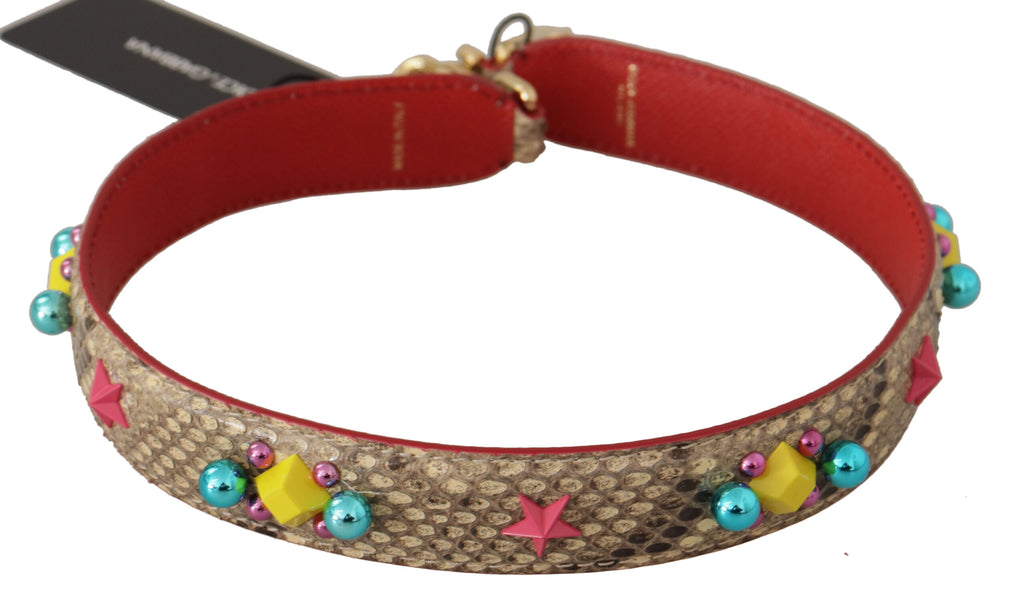 Beige Pythonleder mit Kristallen Schulterriemen