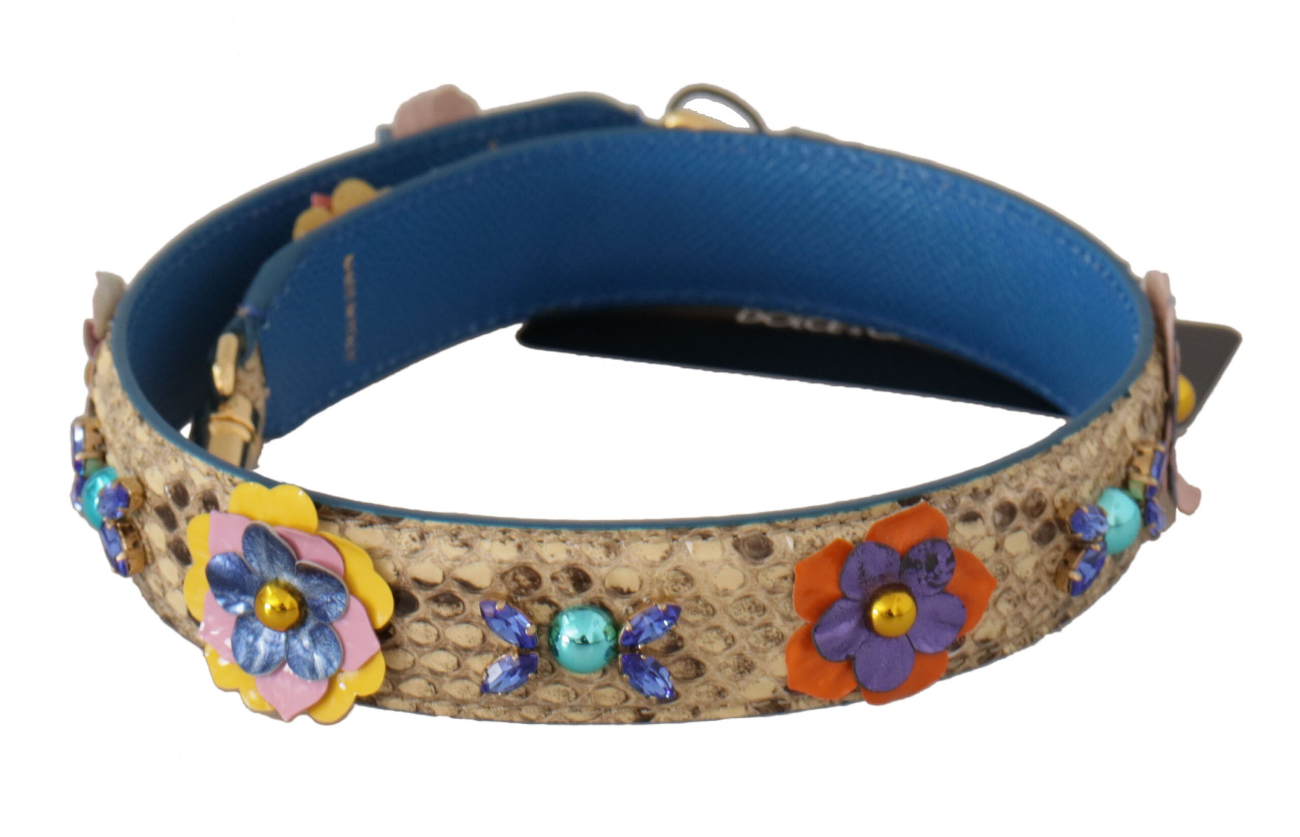 Beigefarbener Pythonleder-Schulterriemen mit floralen Nieten