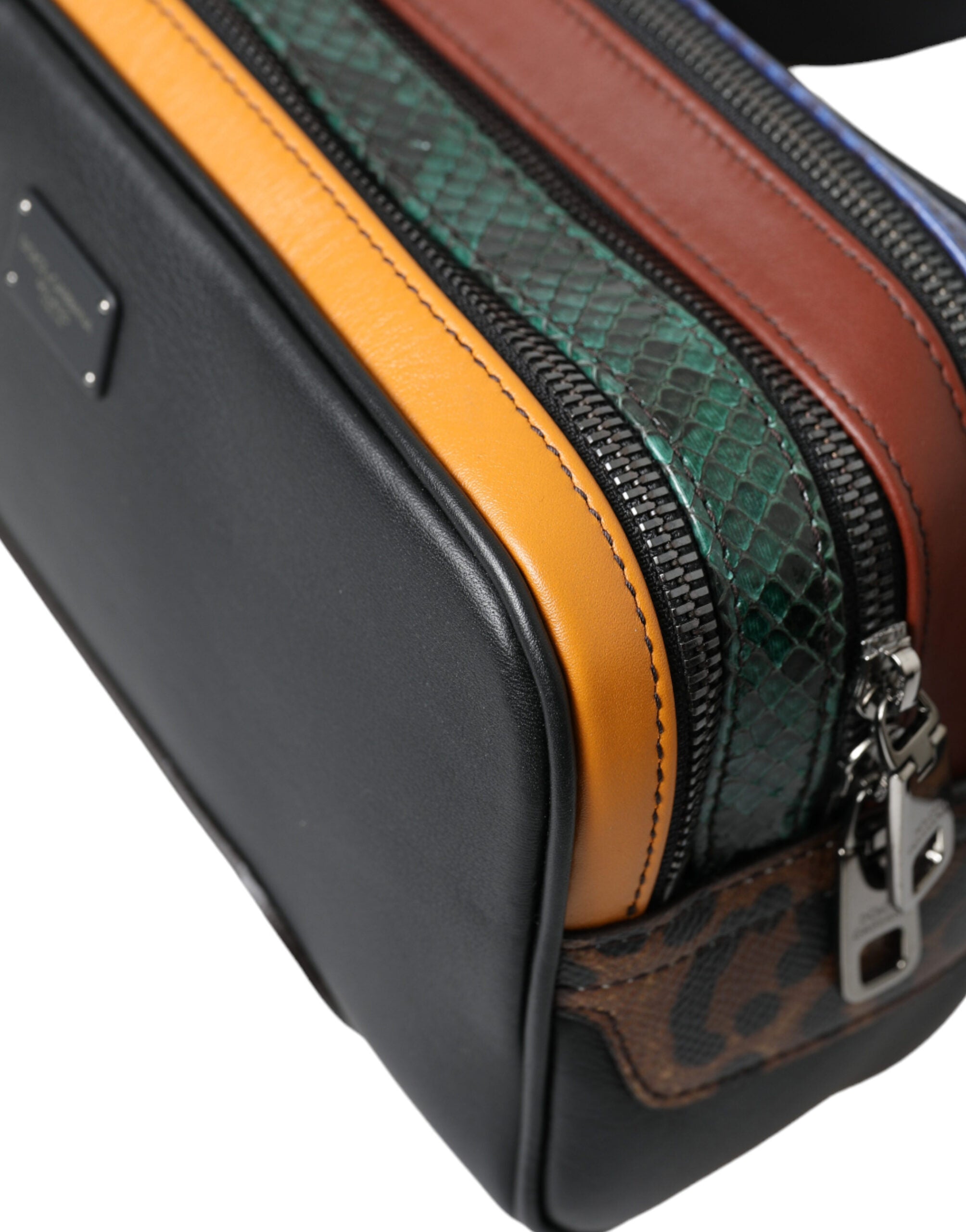 Schwarzes Exotenleder Logo Gürtel Taille Gürteltasche