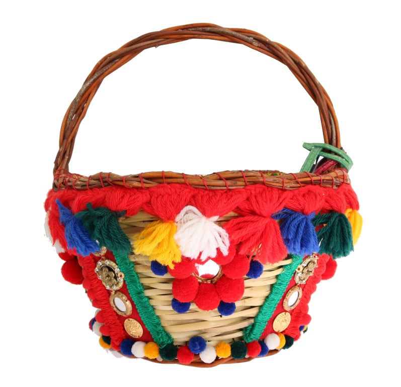Multicolor AGNESE Stroh Kristall Pom Pom Tasche