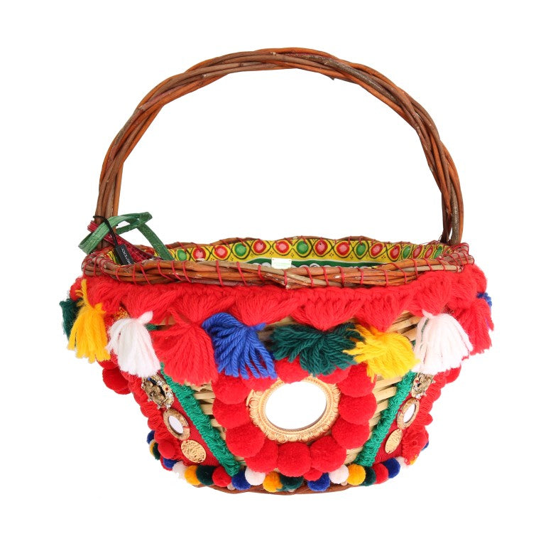 Multicolor AGNESE Stroh Kristall Pom Pom Tasche