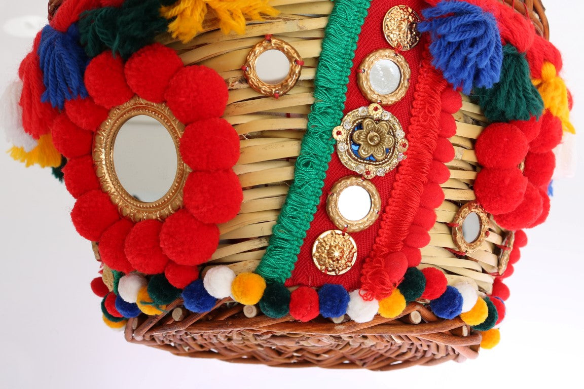 Multicolor AGNESE Stroh Kristall Pom Pom Tasche