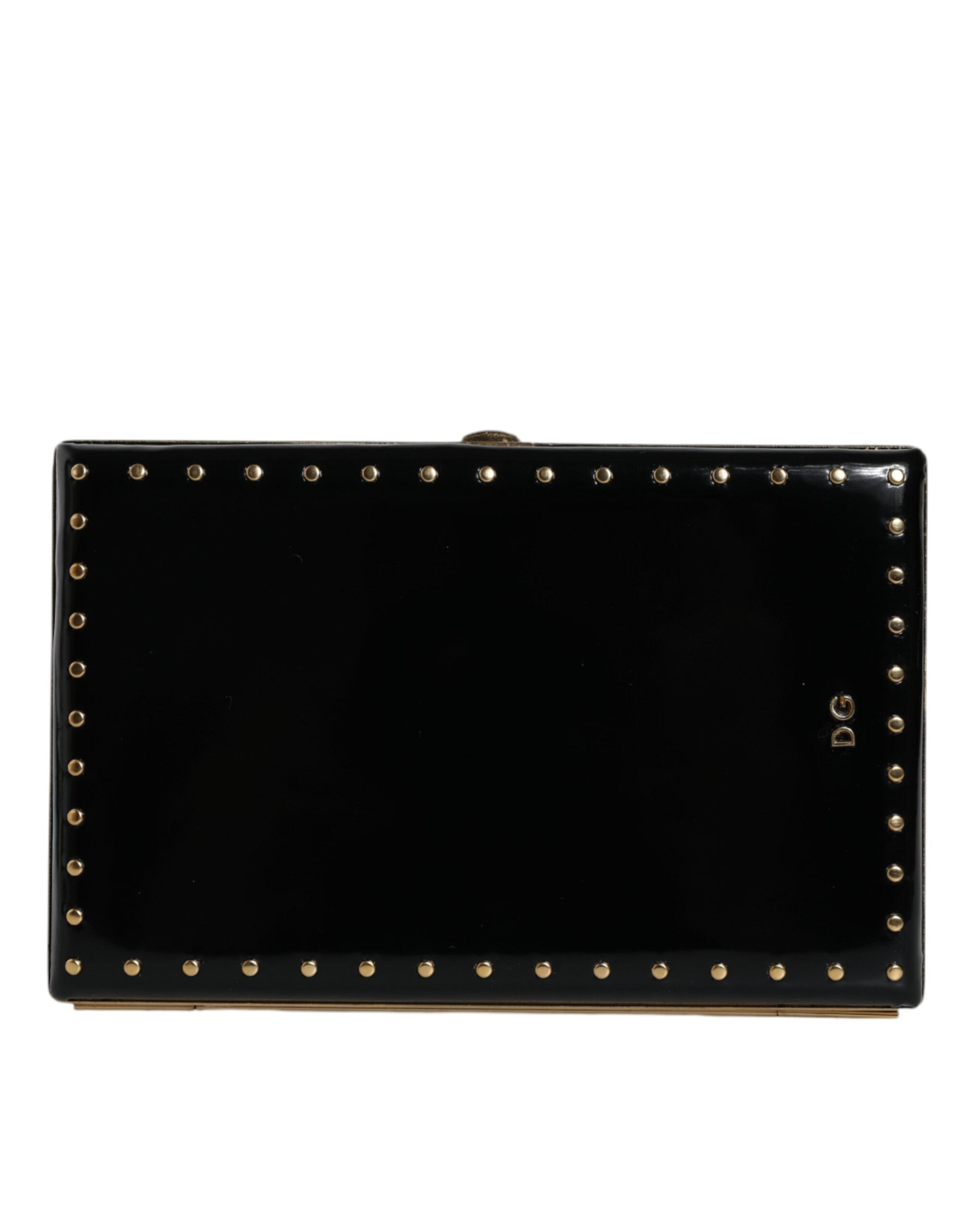 Schwarzes Leder Nieten Goldrahmen Clutch Abendtasche Tasche