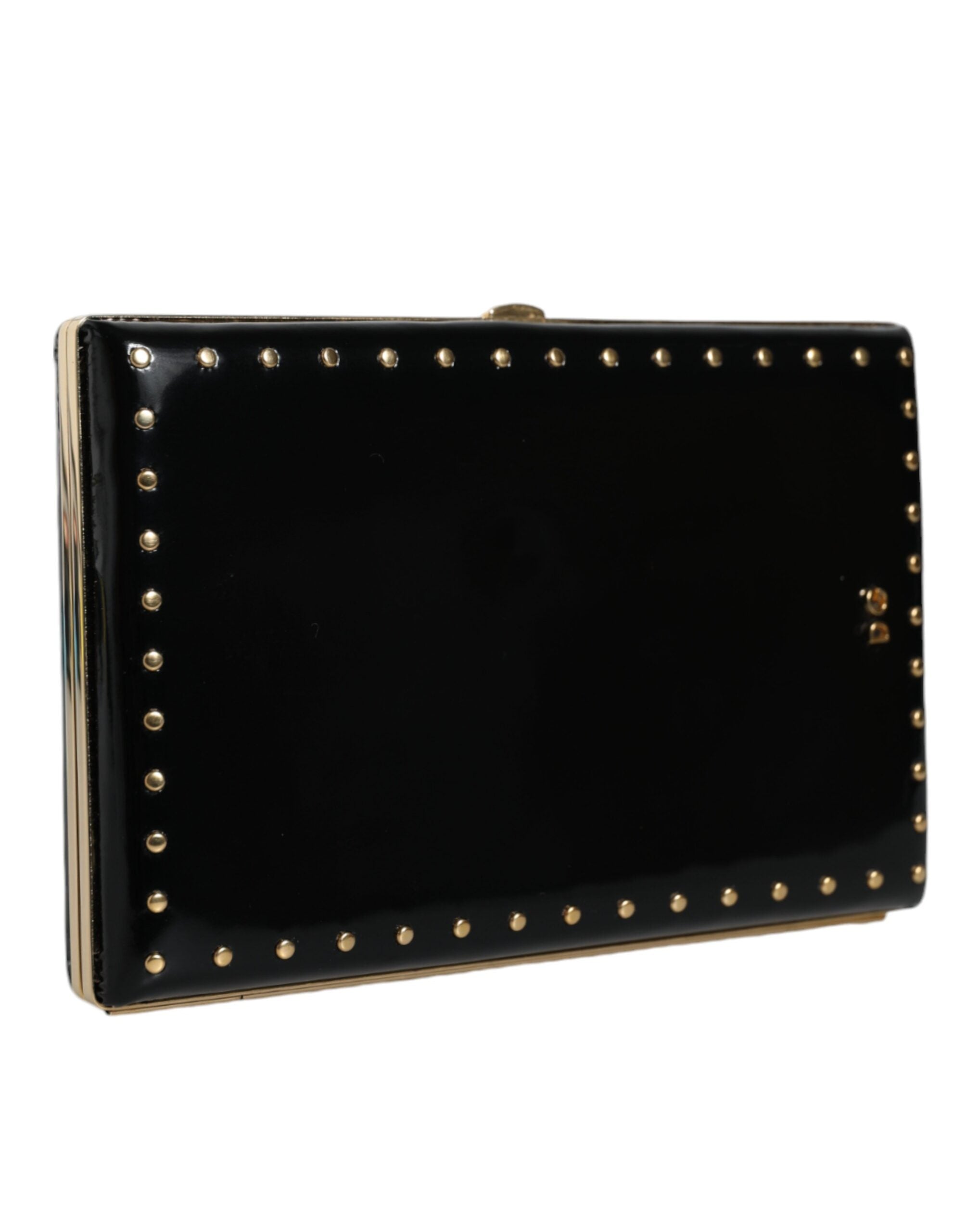 Schwarzes Leder Nieten Goldrahmen Clutch Abendtasche Tasche