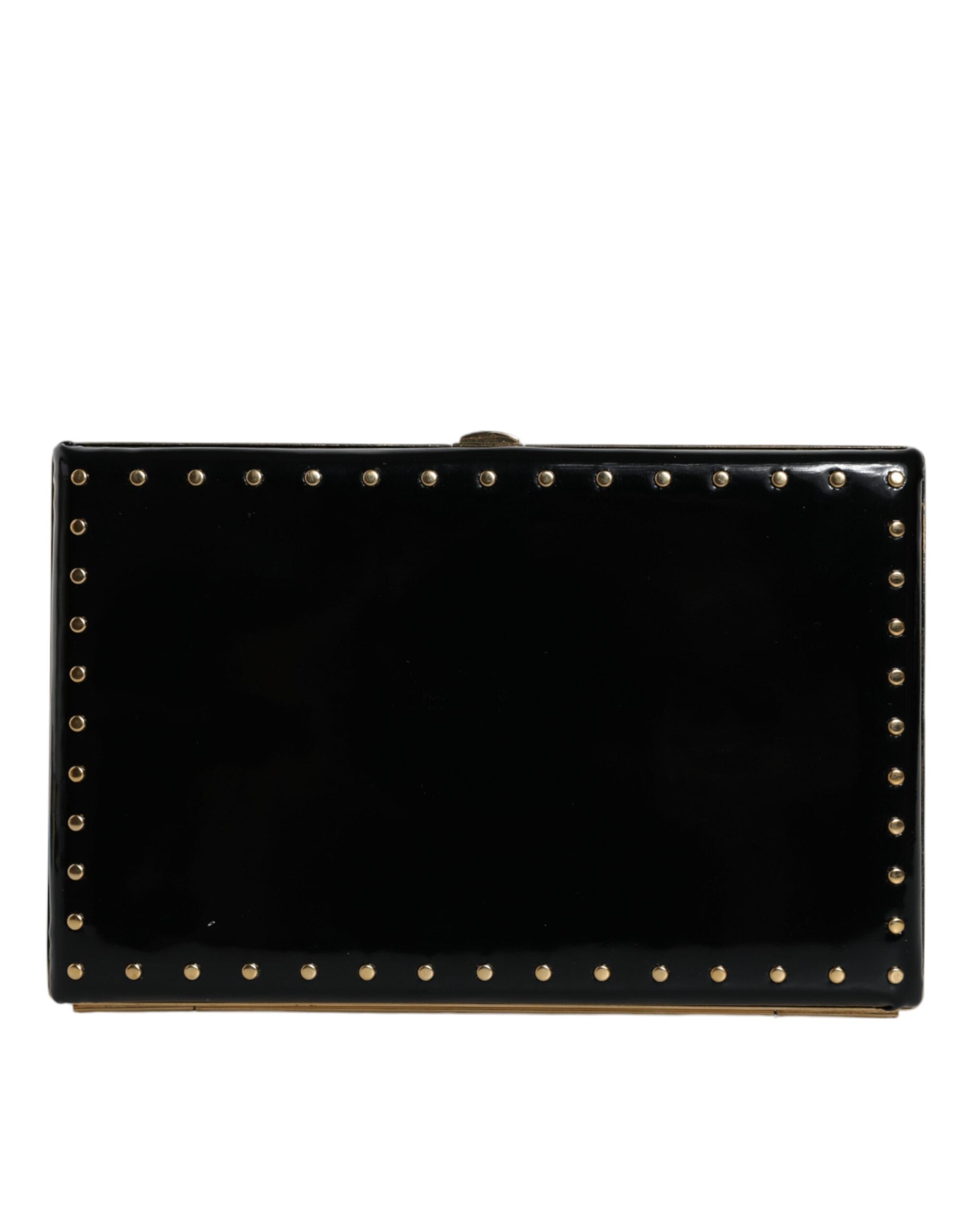 Schwarzes Leder Nieten Goldrahmen Clutch Abendtasche Tasche