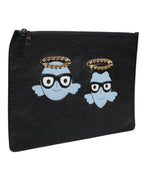Schwarzes Leder #DGFAMILY verschönert Männer Zip Pouch Tasche