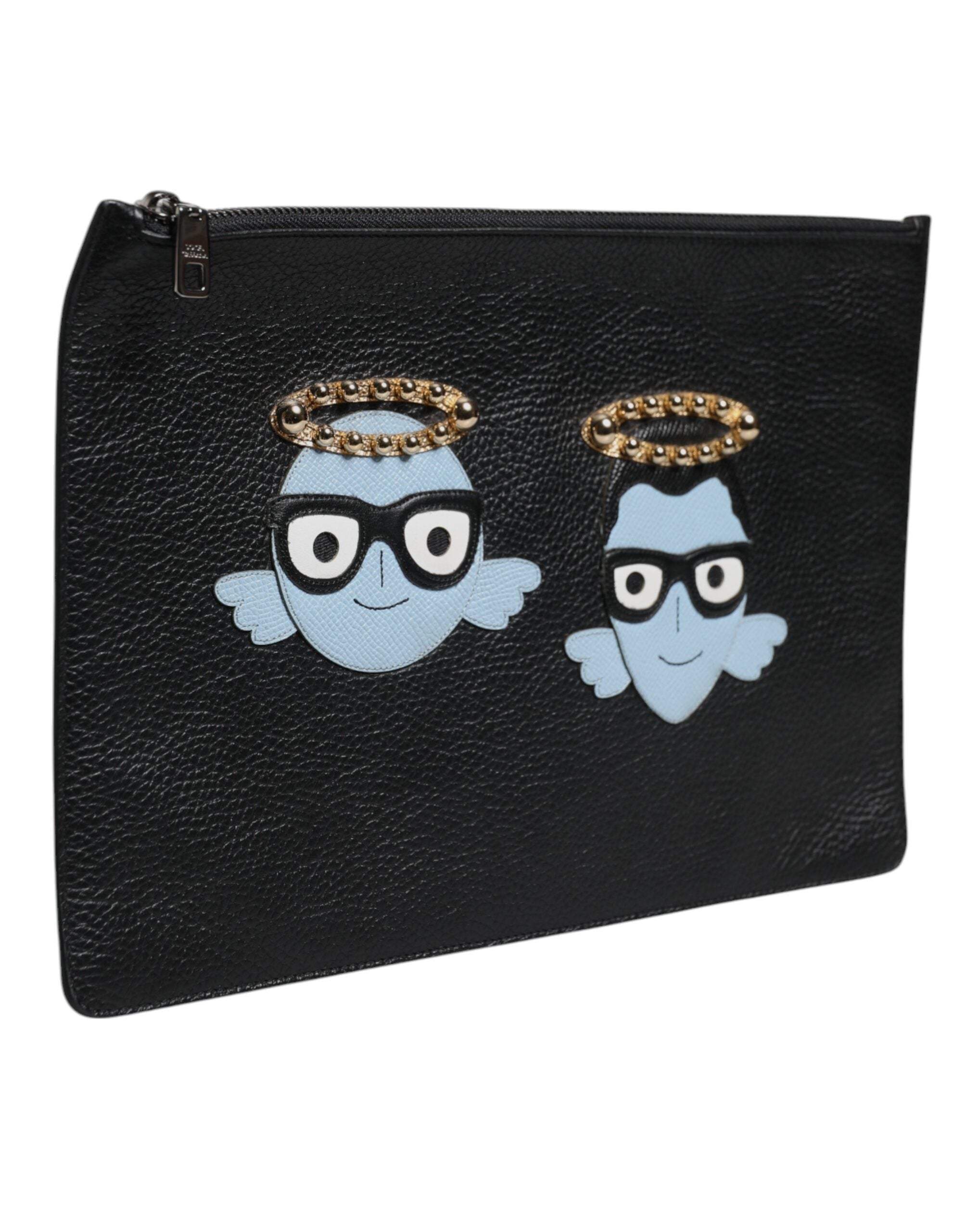 Schwarzes Leder #DGFAMILY verschönert Männer Zip Pouch Tasche