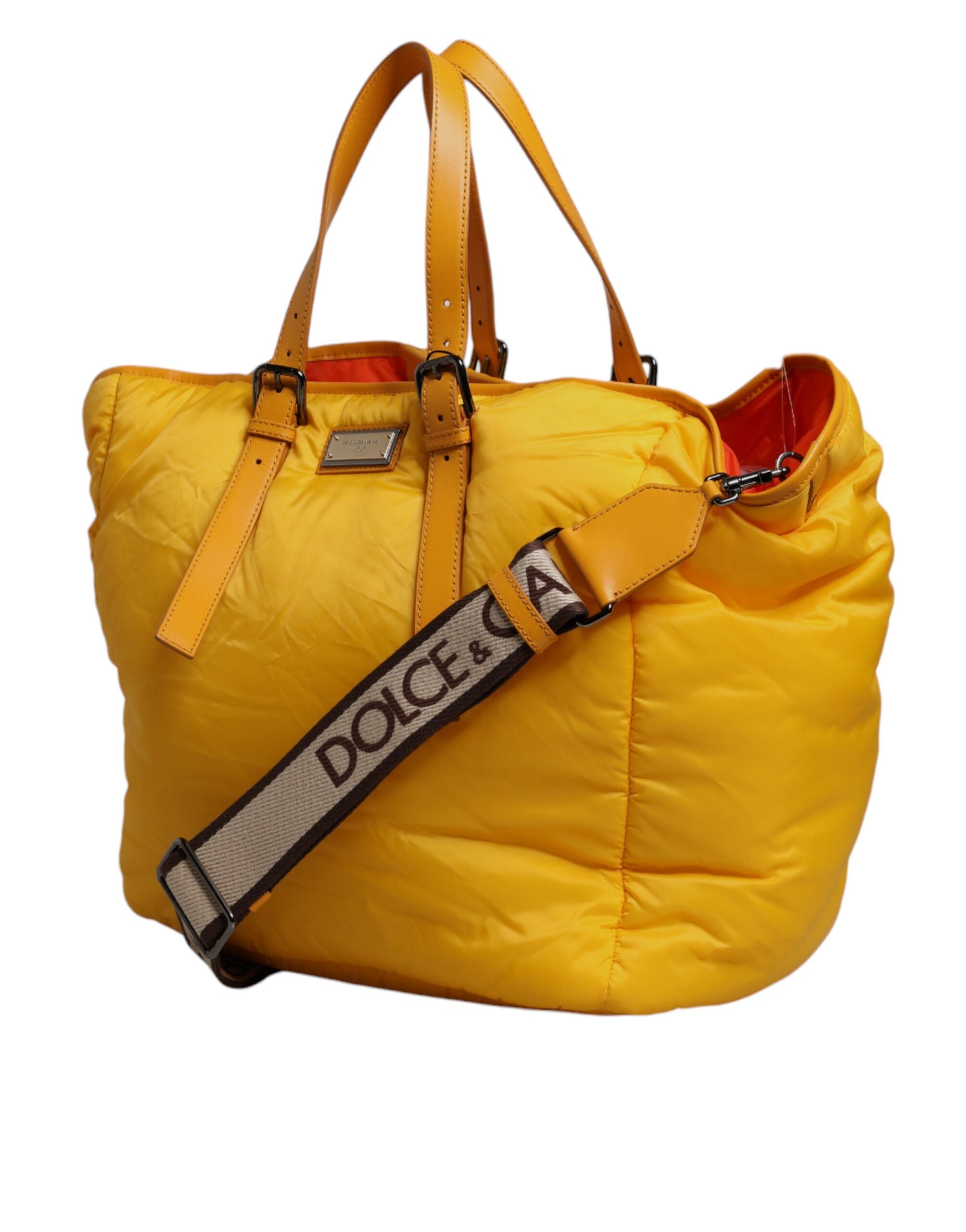Gelbe Orange Nylon Logo Plaque Hand Schulter Duffle Bag