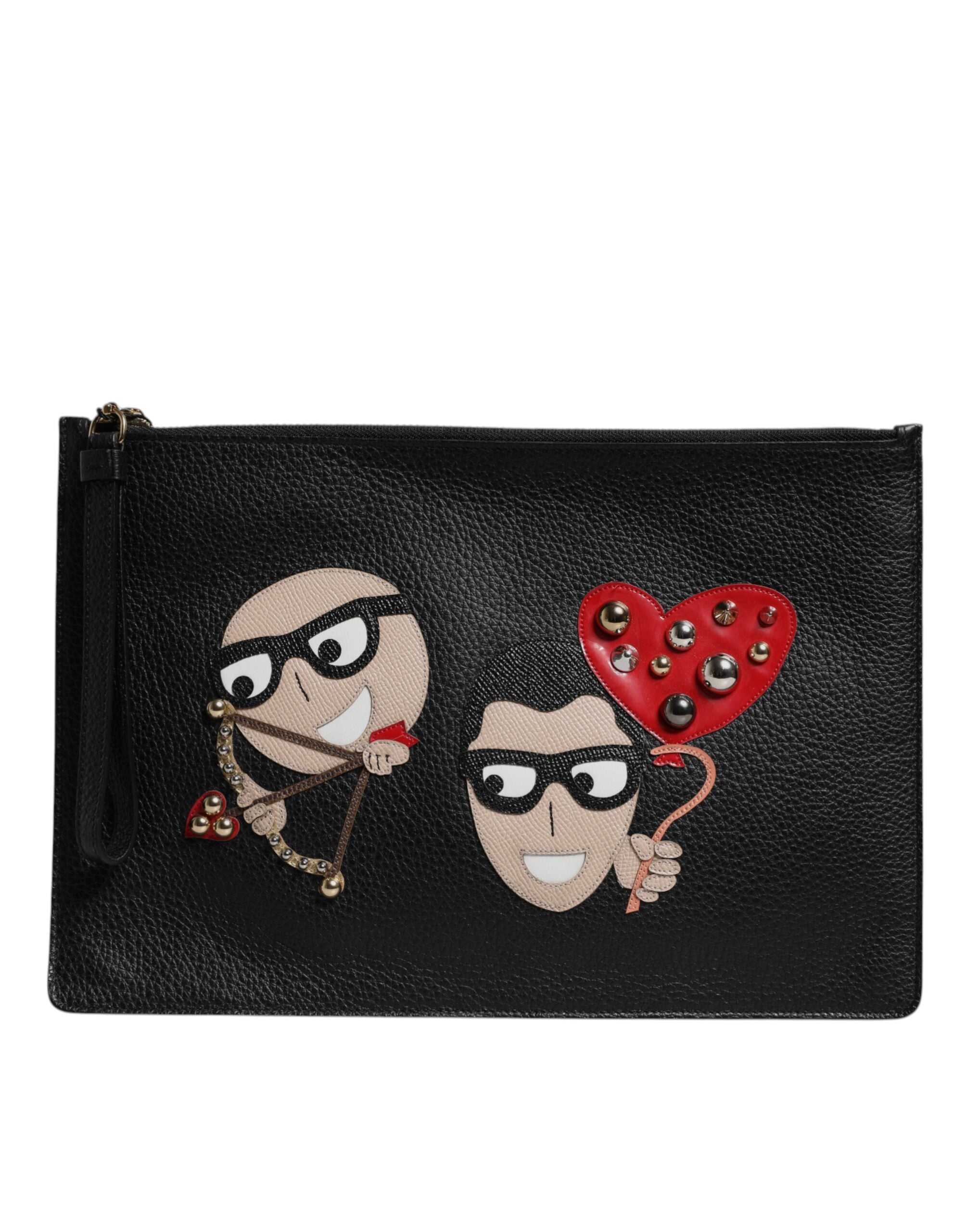 Schwarze #DGFamily verschönerte Leder Clutch Tasche