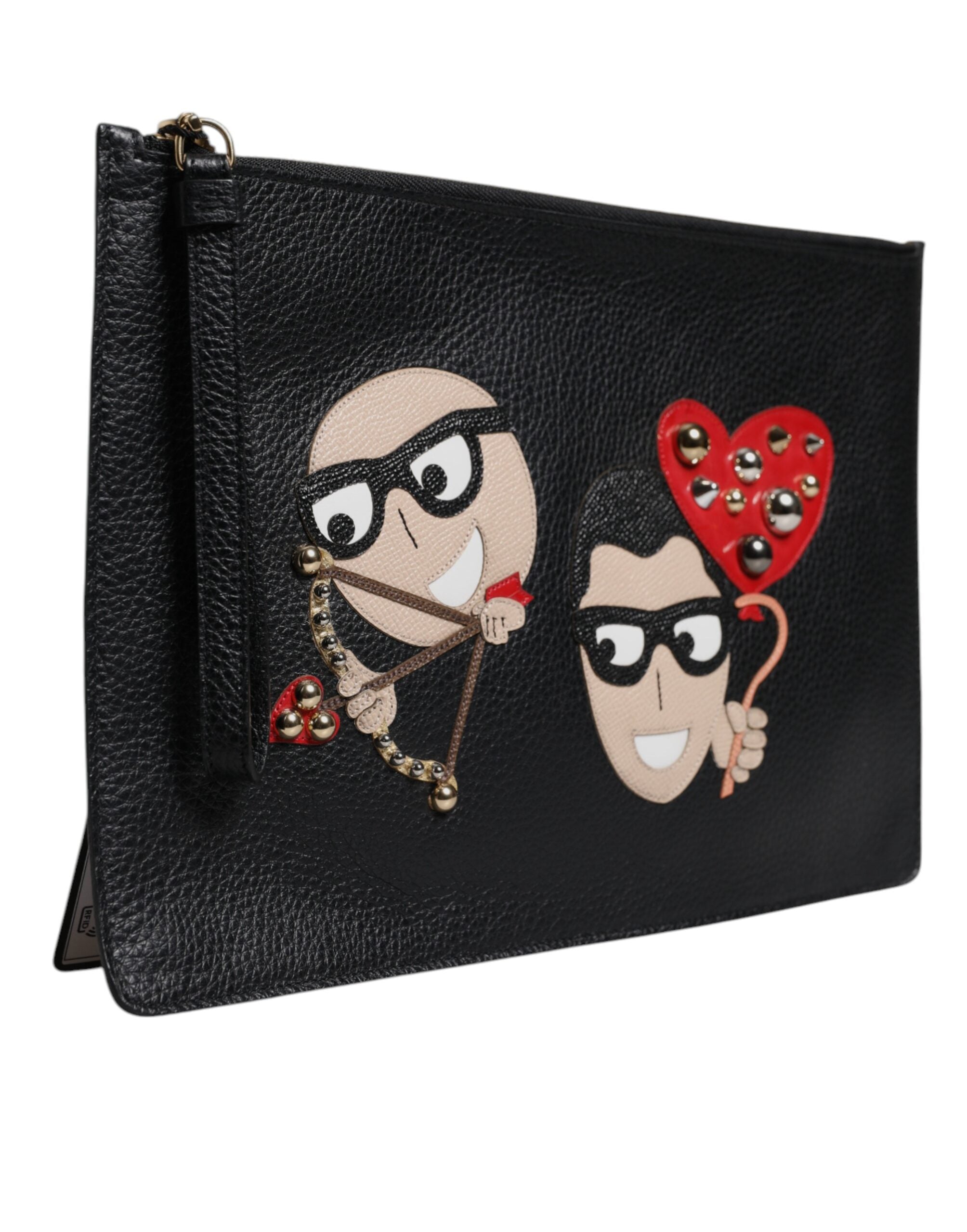 Schwarze #DGFamily verschönerte Leder Clutch Tasche