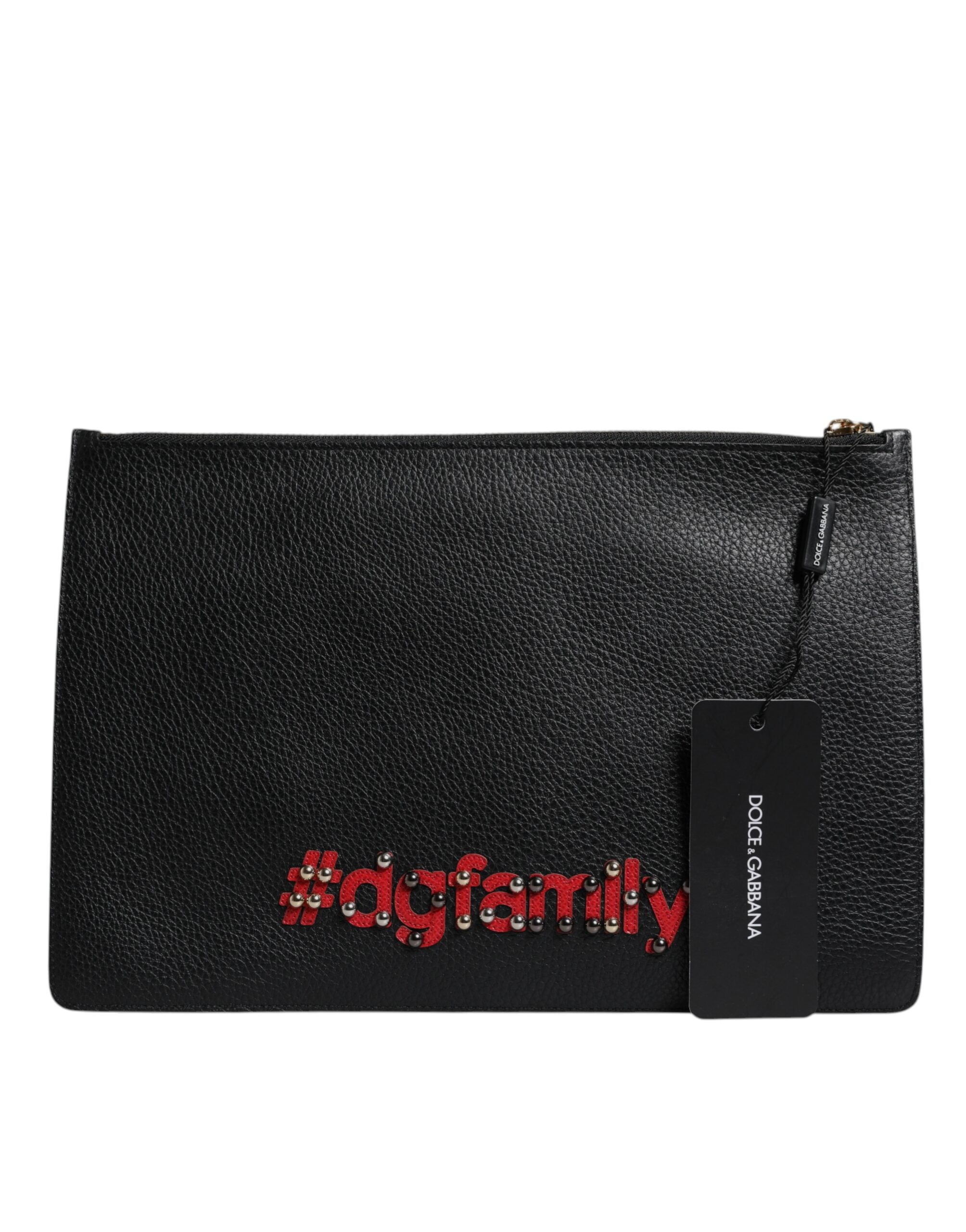 Schwarze #DGFamily verschönerte Leder Clutch Tasche