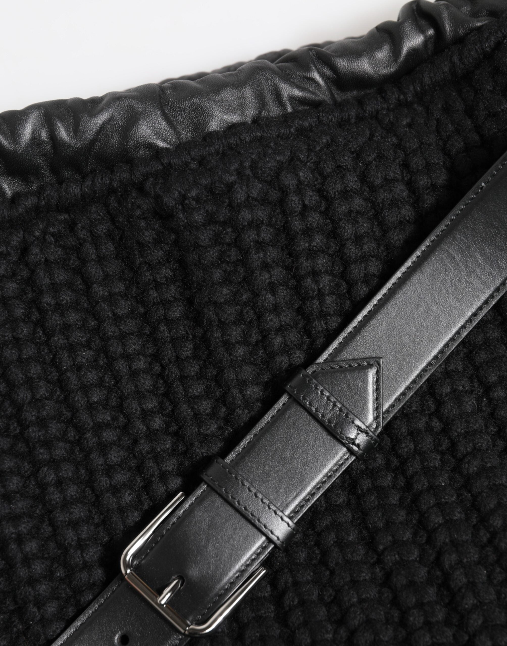 Schwarz Kaschmir gestrickt Leder Schulter Frauen Borse Tasche