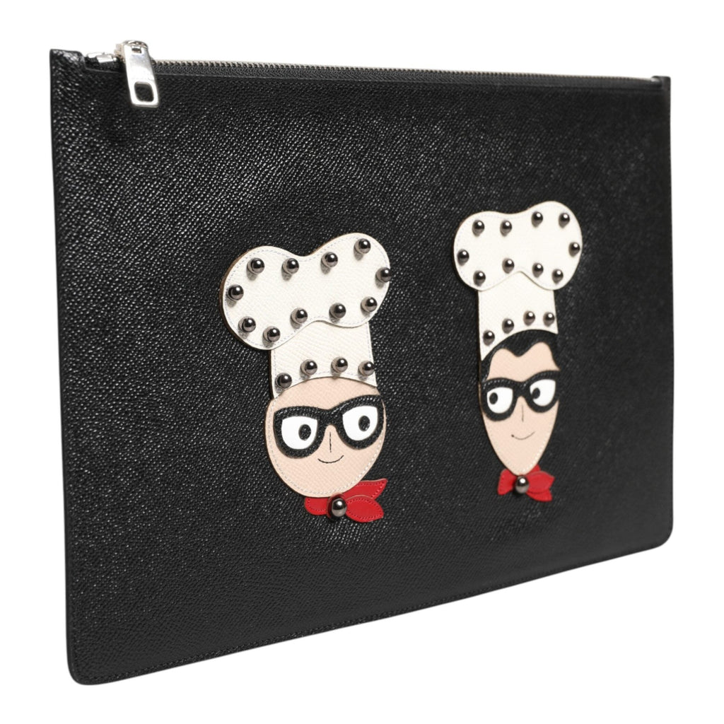 Schwarzes Leder #DGFAMILY Verschönerte Herren Clutch Pouch Tasche