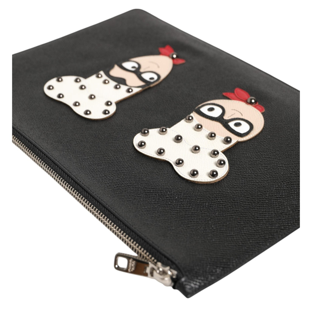 Schwarzes Leder #DGFAMILY Verschönerte Herren Clutch Pouch Tasche