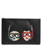 Schwarzes Leder #DGFAMILY Verschönerte Herren Clutch Pouch Tasche