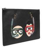 Schwarzes Leder #DGFAMILY Verschönerte Herren Clutch Pouch Tasche