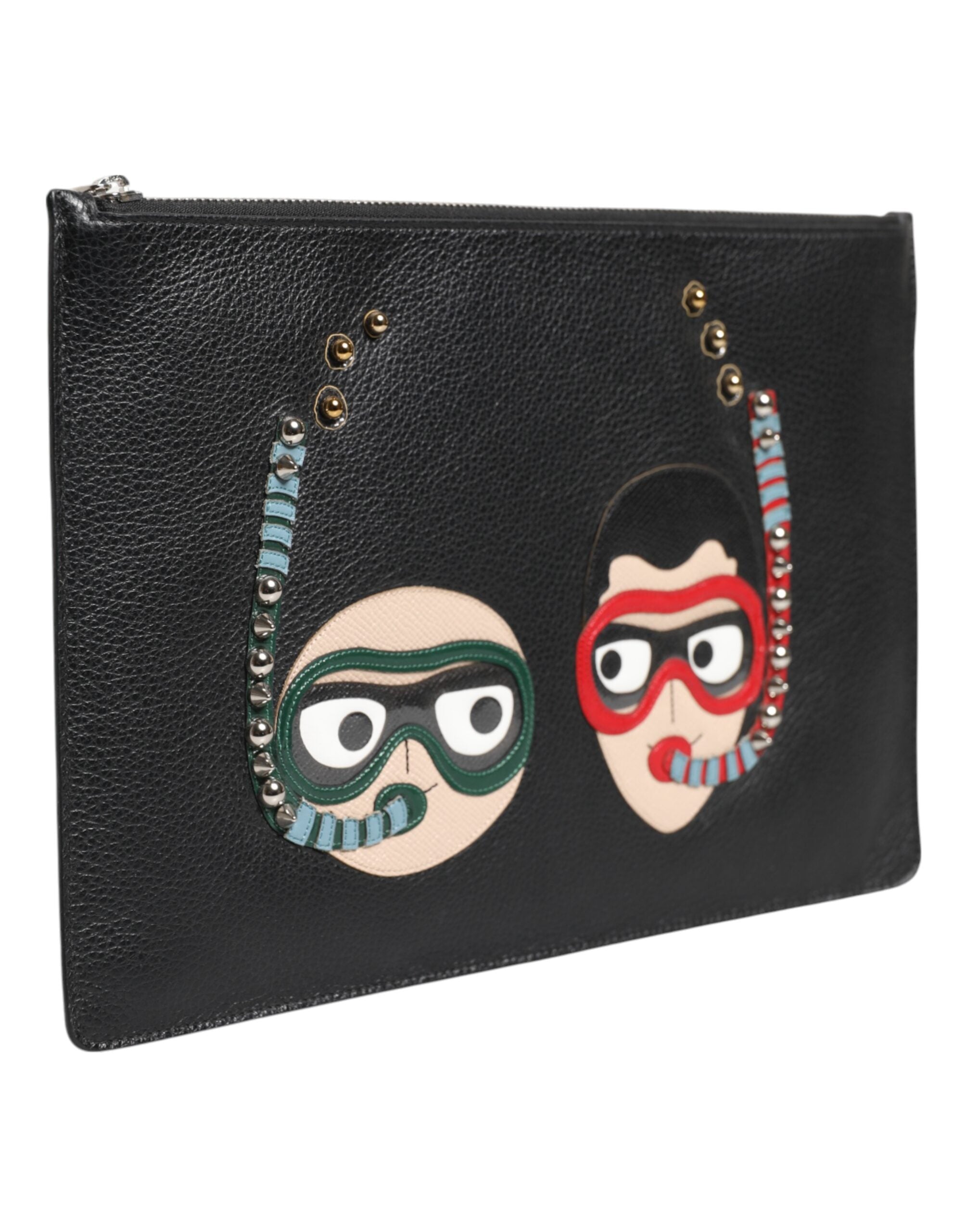 Schwarzes Leder #DGFAMILY Verschönerte Herren Clutch Pouch Tasche