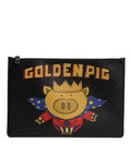 Schwarzes Leder Golden Pig Print Herren Clutch Pouch Borse Tasche
